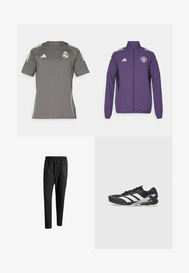 Vijolična zip-up jakna iz lahkega materiala, ki ima črne stranske panele, bele adidasove proge in logo Manchester Uniteda na prsih.; Siva športna majica, izdelana iz lahkotnega materiala. Ima limetno zelene detajle, kratke rokave in logotip Real Madrida na prsih.; Črne športne hlače z elastičnim pasom, dvema žepoma na zadrgo ob strani, zoženimi hlačnicami in diskretnim logotipom na boku.; Črne atletske čevlje z belimi črtami, mrežastim zgornjim delom, zaobljenim nosom in blaženim podplatom. Imajo teksturiran petni del in varen sistem vezalk.