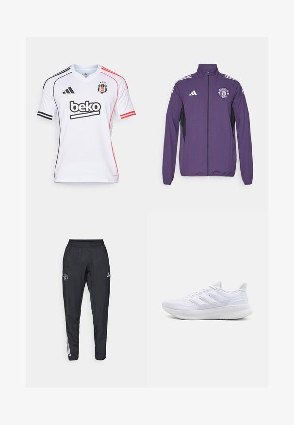 Veste zippée violette en tissu léger, avec des panneaux latéraux noirs, des rayures blanches adidas et un logo de Manchester United sur la poitrine.; adidas Performance BESIKTAS 25/26 HOME JERSEY - Article de supporter d'équipe de club - white; Pantalons de sport noirs avec une taille élastique, logo brodé sur la cuisse et bandes blanches sur les côtés.; Chaussures de sport blanches avec un dessus en mesh texturé, une semelle rembourrée et un design à trois bandes sur le côté.