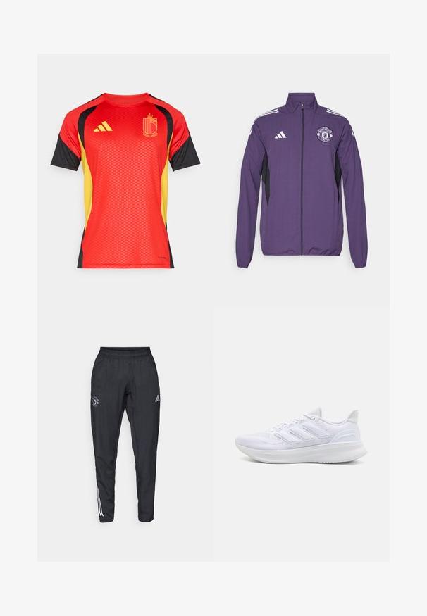 Giacca zip-up viola realizzata in tessuto leggero, con pannelli laterali neri, strisce bianche adidas e logo del Manchester United sul petto.; Maglietta rossa a maniche corte con accenti neri e gialli, caratterizzata da un motivo testurizzato, branding Adidas e un emblema centrale.; Pantaloni sportivi neri con vita elastica, logo ricamato sulla coscia e strisce bianche che scorrono lungo i lati.; Scarpe sportive bianche con tomaia in mesh texturato, suola ammortizzata e supportiva, e design a tre strisce sul lato.