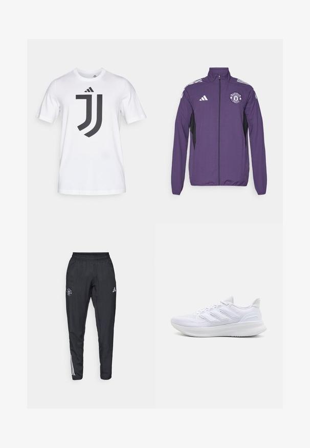 Purple zip-up jacket made of lightweight fabric, featuring black side panels, white adidas stripes, and a Manchester United logo on the chest.; White cotton t-shirt with short sleeves featuring a large black Juventus logo design on the front. Round neckline, standard fit.; Black athletic pants featuring an elastic waistband, embroidered logo on the thigh, and white stripes running down the sides.; White athletic shoes featuring a textured mesh upper, supportive cushioned sole, and three stripe design on the side.