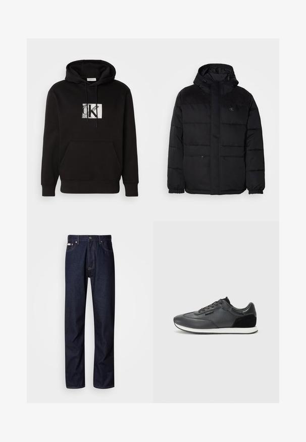 Padded čierna bunda s kapucňou, so zipsovým zapínaním, elastickými manžetami a semišovými akcentmi na pleciach pre dodatočnú textúru.; Čierna mikina s kapucňou, ktorá má predné vrecko vo forme kengury a grafické logo v bielej a sivej farbe. Vyrobená z mäkkej tkaniny s kapucňou na šnúrku.; Tmavomodré jeans z denimu so strihom s rovnými nohavicami, obsahujúce zapínanie na gombíky, päť vreciek a kontrastné stehy.; Čierne športové tenisky s koženým zvrškom a perforovanými detailmi, zamšovými akcentmi a bielou gumovou podrážkou. Klasický dizajn na šnurovanie.