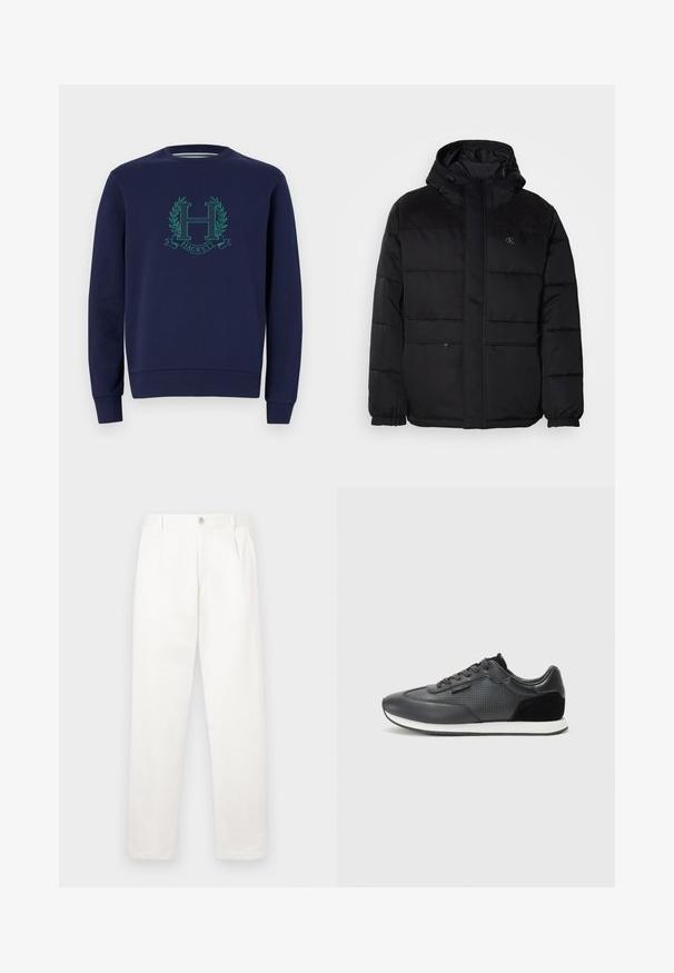 Polstret svart jakke med hette, med glidelås, elastiske mansjetter, og semsket skinn på skuldrene for ekstra tekstur.; Marineblå sweatshirt laget av bomull, med et hevet grønt logo med et "H" og laurbærakenter. Klassisk rund hals og tettsittende mansjetter.; Hvite bukser laget av glatt stoff, med rett ben-design, frontfolder og en enkelt knappelukking i livet.; Sorte atletiske joggesko med lærøvre og perforerte detaljer, semsket aksenter og en hvit gummisåle. Klassisk snøring.