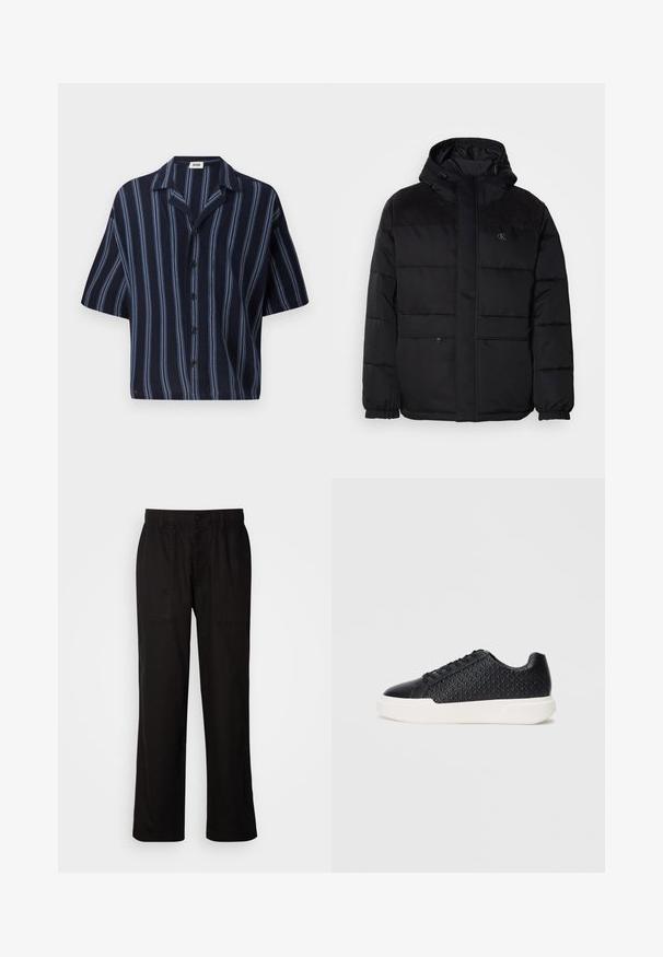 Völjum svart úlpa með hettu, sem hefur renniloka, teygjuhendur og flauelshúð á herðunum til að bæta áferð.; Lyhythihainen nappipaita, jossa on tummansininen tausta ja vaaleansiniset pystyröykkiöt sekä klassinen kaulusuunnittelu.; Mustat housut rentoa istuvuutta, valmistettu kevyestä kankaasta. Varustettu elastisella vyötärönauhalla, nappikiinnityksellä ja kahdella etutaskulla.; Musta lenkkari, jossa on geometrista tekstuuria sivuilla, sileä kärki ja valkoinen kumipohja. Varustettu pyöreillä nauhoilla ja matalalla suunnittelulla.