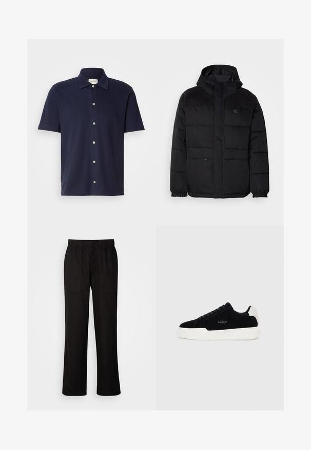 Pehme ja must jope kapuutsiga, mis on varustatud kahepaikse lukuga, elastsete mansettidega ning nahast detailidega õlgadel, et lisada tekstuuri.; Tume sinise värvi lühikeste varrukatega polo särk klassikalise kraega, millel on nööbiga sulgemine ja väike, tikandiga logo rinnal.; Mustad lõdva istuvusega mustad püksid, mis on valmistatud kergest kangast. Omavad elastset vöökohta, nööbiga sulgemist ja kahte esist taskut.; Mustad mustad tossussneaker valge tallaga ja kontsaabiga, nööbid ees, ja Calvin Kleini logo küljel.
