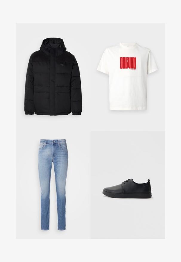 Polstret svart jakke med hette, med glidelås, elastiske mansjetter, og semsket skinn på skuldrene for ekstra tekstur.; Hvit bomulls t-skjorte med stort rødt grafisk trykk av "CALVIN KLEIN" på forsiden, med rund hals og korte ermer.; Lyse blå denimjeans med rett benklipp, midjehøyde, fem lommer og subtil falming over stoffet.; Svart lær sneakers med glatt overflate, rund tå, tonede sømmer, snøring foran og flat gummisåle. Løkke på hælen.