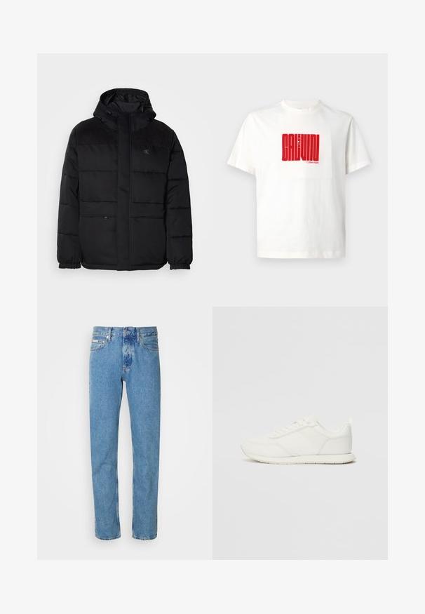 Pūsta juoda striukė su kapišonu, su užtrauktuku, elastinėmis rankovėmis ir zomšos akcentais ant pečių, suteikiančiais tekstūros.; Balta medvilninė marškinėliai su dideliu raudonu grafiniu spaudiniu "CALVIN KLEIN" priekyje, apvaliu iškirpimu ir trumpomis rankovėmis.; Šviesiai mėlyni džinsai su tiesiais džinsų kirpimu, su klasikiniu penkių kišenių dizainu ir sagčių uždarymu juosmens srityje. Nėra išskirtinių raštų.; Balti sportbačiai su tinkline ir sintetine viršutine dalimi, apvaliu nosiu, plokščiomis raištelėmis ir tekstūruota šonine juosta. Guma, kurios padas su vilkimo kilpute gale.