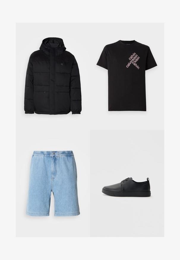 Padded black jacket with a hood, featuring a zip closure, elastic cuffs, and suede accents on the shoulders for added texture.; Black cotton T-shirt featuring a diagonal pink "calvin klein" logo print on the front. Short sleeves and rounded neckline.; Light blue denim shorts with an elastic waistband, front button closure, side pockets, and a straight cut design. Mid-thigh length.; Black leather sneaker with a smooth finish, rounded toe, tonal stitching, lace-up front, and a flat rubber sole. Loop at the heel.