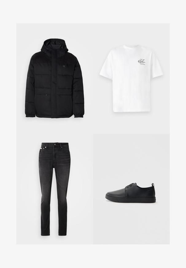 Pūsta juoda striukė su kapišonu, su užtrauktuku, elastinėmis rankovėmis ir zomšos akcentais ant pečių, suteikiančiais tekstūros.; Balta medvilninė marškinėliai su trumpomis rankovėmis, apvalia kaklo iškirpte, kairėje krūtinės pusėje esantis juodas CK logotipas, standartinio kirpimo, lygus paviršius.; Juoda denimo kelnės su lieknu siluetu, penkių kišenių dizainu ir sagutės uždarymu. Yra subtilus nusidevėjimas ir siuvinėjimo akcentai ant kišenių.; Juodos odinės sportinės bateliai su lygiu paviršium, suapvalinta nosimi, toniniais siūlais, raištelių užsegimu priekyje ir plokščiu guminiu padu. Kilpelė ant kulno.