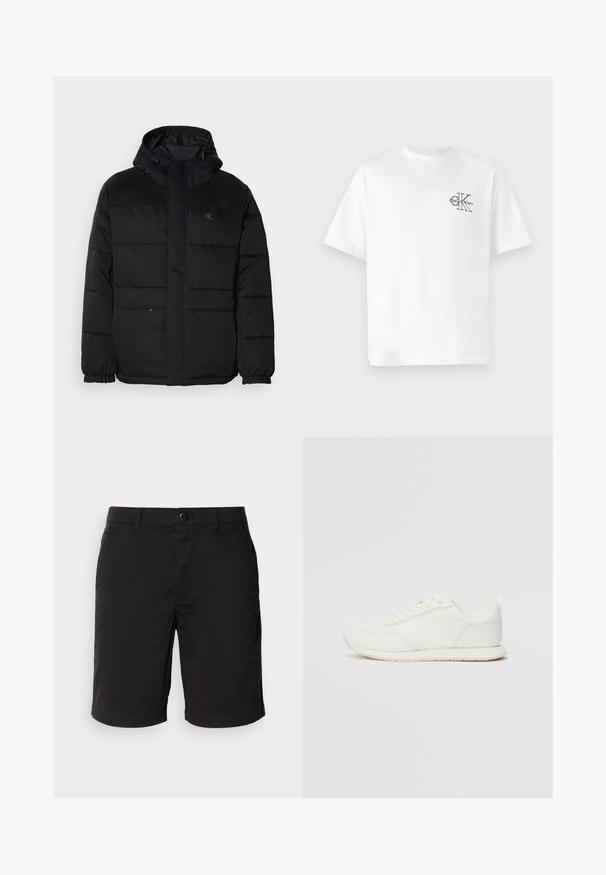 Padded black jacket with a hood, featuring a zip closure, elastic cuffs, and suede accents on the shoulders for added texture.; White cotton t-shirt with short sleeves, crew neck, featuring a black CK logo on the left chest area, standard fit, smooth texture.; Black shorts made of lightweight fabric, featuring a button closure, standard waist, and straight cut. No patterns or visible accents.; White sneaker with a mesh and synthetic upper, round toe, flat laces, and a textured side stripe. Rubber sole with a pull tab at the back.