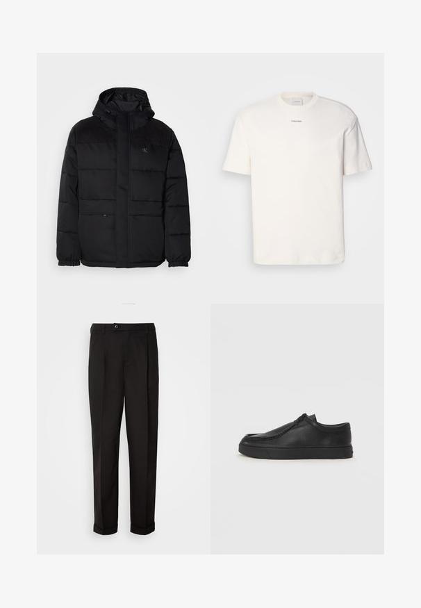 Pūsta juoda striukė su kapišonu, su užtrauktuku, elastinėmis rankovėmis ir zomšos akcentais ant pečių, suteikiančiais tekstūros.; Balta medvilninė marškinėlių suapvalintu kaklu, trumpomis rankovėmis ir siuvinėtu "Calvin Klein" logotipu krūtinės centre. Paprastas dizainas.; Juodos kelnės su lygiu paviršiumi, tiesaus kirpimo, su dviem priekinių kišenių ir vieno mygtuko uždarymu juosmenyje.; Juodos odinės supjamintus batelius su apvaliu pirštu, siuvinėtu akcentu ir juodu guminiu padu. Lygus tekstūra su minimalistišku dizainu.
