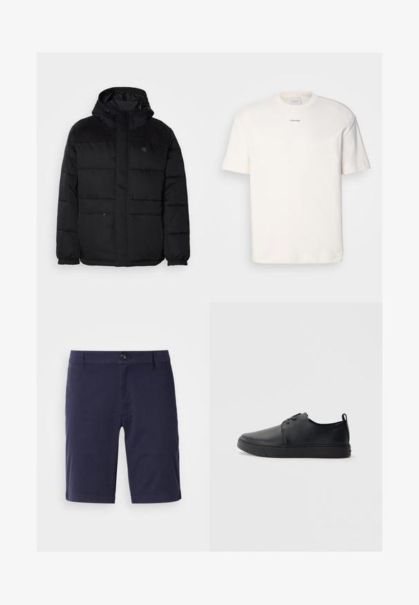Pūsta juoda striukė su kapišonu, su užtrauktuku, elastinėmis rankovėmis ir zomšos akcentais ant pečių, suteikiančiais tekstūros.; Balta medvilninė marškinėlių suapvalintu kaklu, trumpomis rankovėmis ir siuvinėtu "Calvin Klein" logotipu krūtinės centre. Paprastas dizainas.; Tamsiai mėlyni šortai su plokščiu priekiu, mygtukų uždarymu ir šoninėmis kišenėmis. Pagaminti iš lengvos medžiagos su glotnia tekstūra.; Juodos odinės sportinės bateliai su lygiu paviršium, suapvalinta nosimi, toniniais siūlais, raištelių užsegimu priekyje ir plokščiu guminiu padu. Kilpelė ant kulno.