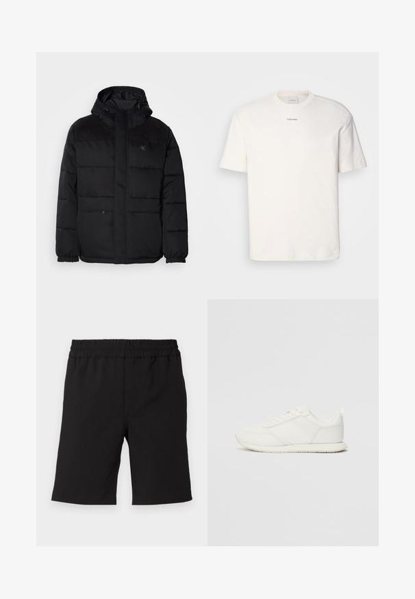 Polstrovaná černá bunda s kapucí, vybavená zipovým zapínáním, elastickými manžetami a semišovými detaily na ramenou pro zvýšení textury.; Bílá bavlněná tričko s kulatým výstřihem, krátkými rukávy a vyšitým logem "Calvin Klein" na prostředku hrudi. Jednoduchý design.; Černé šortky vyrobené z pohodlné tkaniny s elastickým pasem. Jednoduchý design, rovný střih, vhodné pro volnočasové nošení.; Bílé tenisky s vrchní částí z síťoviny a syntetického materiálu, kulatou špičkou, plochými tkaničkami a texturovaným bočním pruhem. Gumová podrážka s poutkem vzadu.