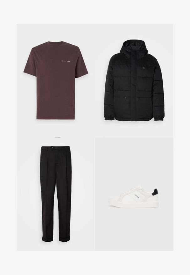 Mīksts melns jaka ar kapuci, ar rāvējslēdzēja aizdari, elastīgiem piedurkņu galiem un zamšādas akcentiem uz pleciem, lai pievienotu tekstūru.; Burgundijas kokvilnas T-krekls ar īsām piedurknēm un apaļu kakla izgriezumu, ar zīmola nosaukumu "Samsoe Samsoe" baltā krāsā uz krūšu daļas.; Melnas bikses ar gludu tekstūru, diviem priekšējiem kabatām, taisnas griezuma un ar vienu pogu vidukļa daļā.; Baltās kedas ar gaiši rozā un melniem akcentiem, ar gludu ādu un zamšādas paneļiem, apaļu purngalu un plakanu gumijas zoli.