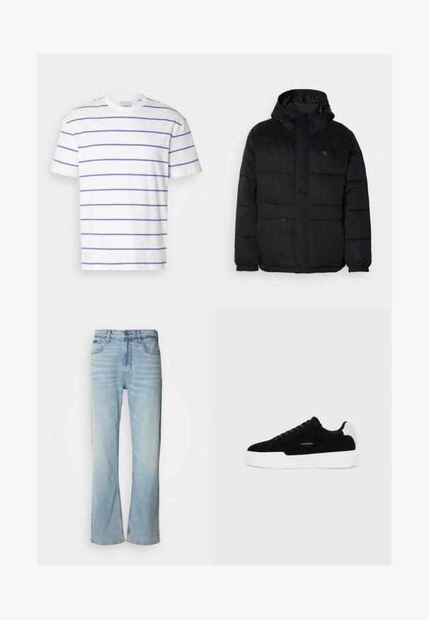 Casaco preto acolchoado com capuz, apresentando um fecho de correr, punhos elásticos e detalhes em camurça nos ombros para adicionar textura.; T-shirt de algodão branca com riscas horizontais roxas, gola redonda, mangas curtas, com marcação mínima no peito e um corte descontraído.; Jeans de ganga azul claro com corte reto, apresentando cinco bolsos, fecho de botão e um ligeiro desvanecimento no tecido.; Sapatilha preta de cano baixo com sola e aba do calcanhar brancas, com atacadores à frente e logotipo da Calvin Klein na lateral.