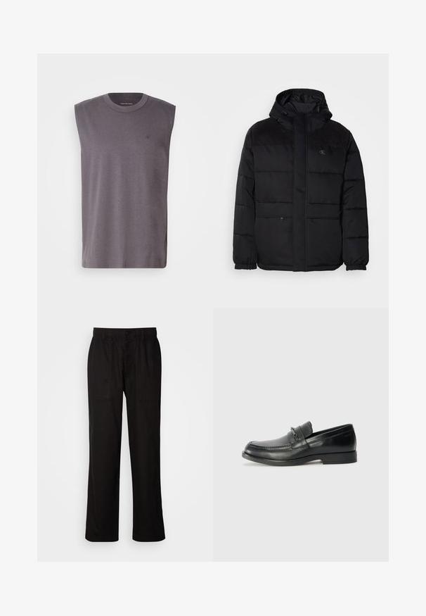 Polstret svart jakke med hette, med glidelås, elastiske mansjetter, og semsket skinn på skuldrene for ekstra tekstur.; Sømløs grå tanktop laget av myk bomullsblanding, med rund hals og subtilt logo på brystet. Glatt tekstur, avslappet passform.; Svart bukser med avslappet passform, laget av lett stoff. Har elastisk midjebånd, knapplukking og to frontlommer.; Sorte skinnloafers med rund tå, med en sydd design, en liten frontrem med detaljer i metall, og såle i gummi som er flat.