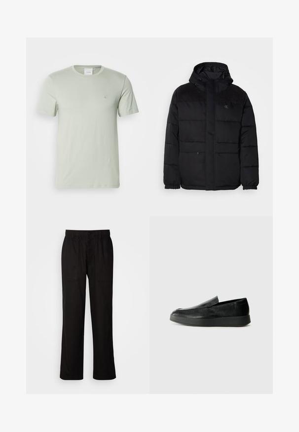 Mīksts melns jaka ar kapuci, ar rāvējslēdzēja aizdari, elastīgiem piedurkņu galiem un zamšādas akcentiem uz pleciem, lai pievienotu tekstūru.; Gai zaļš īsām piedurknēm T-krekls, kas izgatavots no mīksta kokvilnas, ar kārtīgu apkakli un diskrētu logotipu uz krūtīm. Gluda tekstūra, vienkāršs dizains.; Melnas bikses ar brīvu piegriezumu, izgatavotas no viegla auduma. Tām ir elastīga jostasvieta, pogu aizdare un divas priekšējās kabatas.; Calvin Klein HYBRID CUP - Čības - triple black