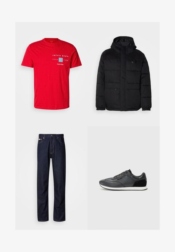 Padded black jacket with a hood, featuring a zip closure, elastic cuffs, and suede accents on the shoulders for added texture.; Red cotton t-shirt featuring a crew neckline, short sleeves, and a printed logo design in white and blue, with "since 1968" text.; Dark blue denim jeans with a straight-leg design, featuring a button fly, five pockets, and contrasting stitching details.; Black athletic sneakers featuring a leather upper with perforated detailing, suede accents, and a white rubber sole. Classic lace-up design.