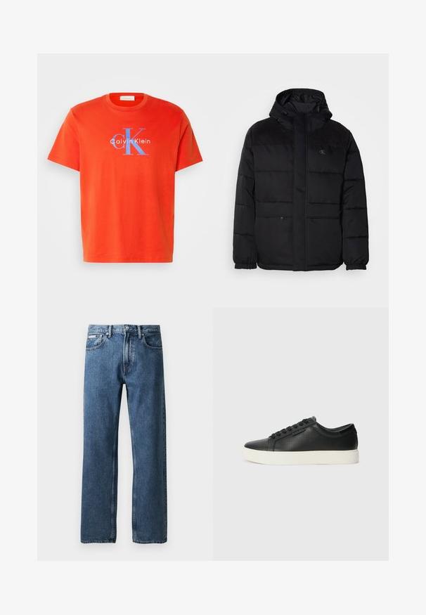 Mīksts melns jaka ar kapuci, ar rāvējslēdzēja aizdari, elastīgiem piedurkņu galiem un zamšādas akcentiem uz pleciem, lai pievienotu tekstūru.; Sarkana kokvilnas T-kreklis ar īsām piedurknēm, uz kura priekšpuses ir zils "Calvin Klein" logo un "CK" dizains. Vienkārša apkakle.; Zilas taisnas kāju džinsu bikses ar augstu jostasvietu, pogu un rāvējslēdzēju, priekšējām kabatām un mazu baltu zīmola etiķeti labajā kabatā.; Melnas ādas sporta kurpes ar perforētu tekstūru, apaļu purngalu un plakanu baltu gumijas zoli. Ar melniem šņorējumiem un smalku logo sānos.