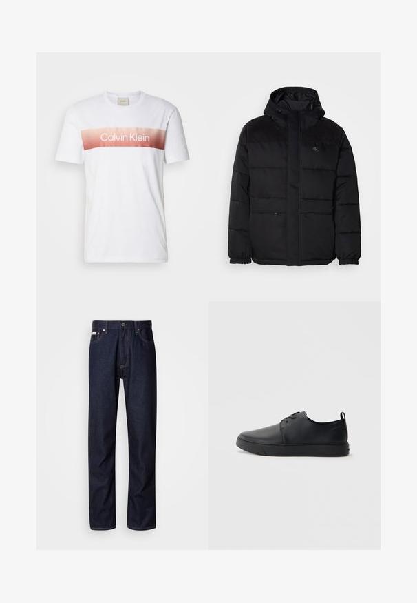 Casaco preto acolchoado com capuz, apresentando um fecho de correr, punhos elásticos e detalhes em camurça nos ombros para adicionar textura.; T-shirt de algodão branca com uma faixa graduada em rosa e "Calvin Klein" impresso em texto ousado e centralizado no peito. Mangas curtas.; Jeans de denim azul-escuro com um design de perna reta, apresentando um fecho de botão, cinco bolsos e detalhes de costura em contraste.; Sapatilha de couro preta com um acabamento liso, bico arredondado, costura ton sur ton, frente com atacadores e sola plana de borracha. Alça no calcanhar.