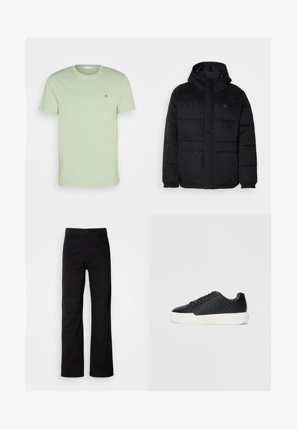 Gefütterte schwarze Jacke mit Kapuze, ausgestattet mit einem Reißverschluss, elastischen Bündchen und Wildlederakzenten an den Schultern für zusätzlichen Textur.; GANT SHIELD - T-Shirt basic - milky matcha; Schwarze Baumwollhosen mit geradem Bein, ausgestattet mit einem Knopfverschluss und Gürtelschlaufen. Glatte Textur und minimalistischer Stil ohne sichtbare Muster.; Schwarzer Sneaker mit geometrischer Textur an der Seite, glattem Zehenbereich und einer weißen Gummisohle. Ausgestattet mit runden Schnürsenkeln und einem Low-Top-Design.