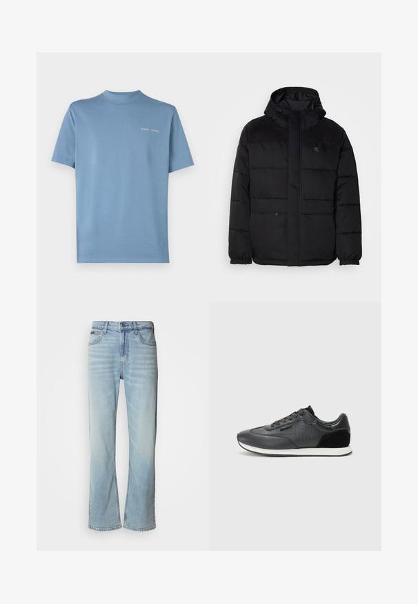 Polstret svart jakke med hette, med glidelås, elastiske mansjetter, og semsket skinn på skuldrene for ekstra tekstur.; Kortermet t-skjorte med rund hals i myk blå bomull. Har minimalt hvitt logotext på fronten, flate sømmer og vanlig passform.; Lyseblå denim jeans med rett ben, med fem lommer, knappelukking og subtile falminger på stoffet.; Sorte atletiske joggesko med lærøvre og perforerte detaljer, semsket aksenter og en hvit gummisåle. Klassisk snøring.