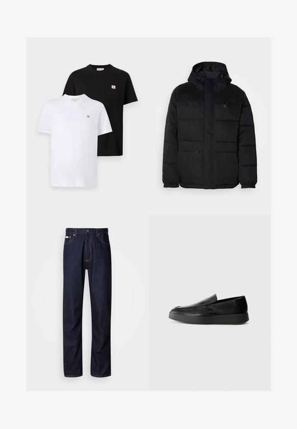 Polstret svart jakke med hette, med glidelås, elastiske mansjetter, og semsket skinn på skuldrene for ekstra tekstur.; To skjerfitt t-skjorter i svart og hvit bomull, med en liten logo på brystet og et klassisk rundhalsdesign.; Mørkeblå denimjeans med rett ben-design, som har knappestolpe, fem lommer og kontrasterende sømdetaljer.; Calvin Klein HYBRID CUP - Slippers - triple black