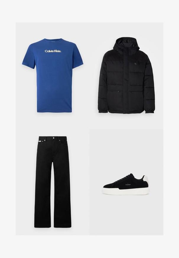 Polstrovaná černá bunda s kapucí, vybavená zipovým zapínáním, elastickými manžetami a semišovými detaily na ramenou pro zvýšení textury.; Modrá bavlněná tričko s kulatým výstřihem, krátkými rukávy a zlatým logem Calvin Klein na hrudi. Hladká textura, neformální design.; Černé denimové kalhoty s širokým střihem, s pěti kapsami a kovovými knoflíky. Hladký povrch, bez viditelných vzorů.; Černé nízké tenisky s bílou podrážkou a patou, šněrování v přední části a logo Calvin Klein na boku.