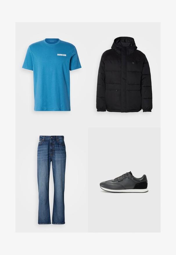 Pehme ja must jope kapuutsiga, mis on varustatud kahepaikse lukuga, elastsete mansettidega ning nahast detailidega õlgadel, et lisada tekstuuri.; Sinine puuvillane T-särk ümmarguse kaelusega, lühikeste varrukatega ning vasakul rinnal on valge "Calvin Klein" logo trükitud.; Sinine denim kangas, kõrge vöökoht, laienevad sääred, viie tasku disain ja tooni õmblused. Omab nööpidega sulgemist ja poppers taskuid.; Mustad mustasaapad, millel on nahast ülemine osa, perforatsioonid, seemisnahast aktsentide ja valge kummitald. Klassikaline lipsuotsimise disain.