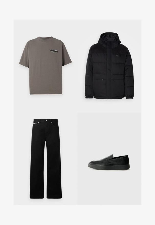 Polstret sort jakke med hætte, der har en lynlås lukning, elastiske manchetter og suede detaljer på skuldrene for ekstra tekstur.; Grå bomulds T-shirt med blødt rundet udskæring, korte ærmer og et mærket lommeprint med "ALL SAINTS" og yderligere tekst.; Sorte denimbukser med bred ben-design, der har fem lommer og metallisk knapdetalje. Glat tekstur, uden synlige mønstre.; Calvin Klein HYBRID CUP - Loafers - triple black