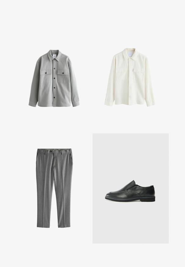 Next TWIN POCKET - Vasaras jaka - grey; Krēmkrāsas krekls ar pogām, izgatavots no tekstūrēta auduma, ar apkakli, divām krūšu kabatām un garām piedurknēm ar pogu aprocēm.; Pelēki bikses, izgatavotas no strukturēta auduma, ar sānu kabatām, pogu aizdari un taisnu kāju dizainu ar kroku priekšā.; Melnas ādas slip-on kurpes ar gludu augšdaļu, izšūtām akcentiem, noapaļotu purngala daļu un zemu gumijas papēdi. Zole ar minimālu rakstu.