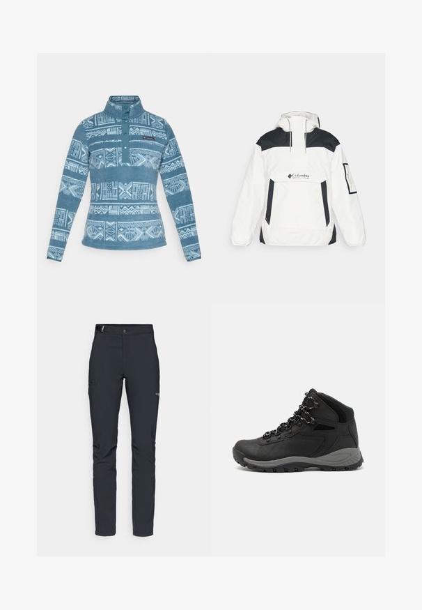 Chaqueta cortavientos blanca y negra con capucha, media cremallera en la parte delantera, bolsillo frontal y puños elásticos. Presenta el logo de Columbia en el pecho.; Sudadera de forro polar en azul con patrones geométricos en blanco, cierre de 1/4 de cremallera y cuello. Cuenta con un parche de logo en la parte superior izquierda.; Pantalones de exterior para hombre, gris oscuro, fabricados con material flexible, con cinturón, bolsillos con cremallera y costuras reforzadas.; Bota de senderismo negra con un diseño de medio caña, que cuenta con una parte superior texturizada, acentos grises y una suela de goma duradera con tacos de tracción.