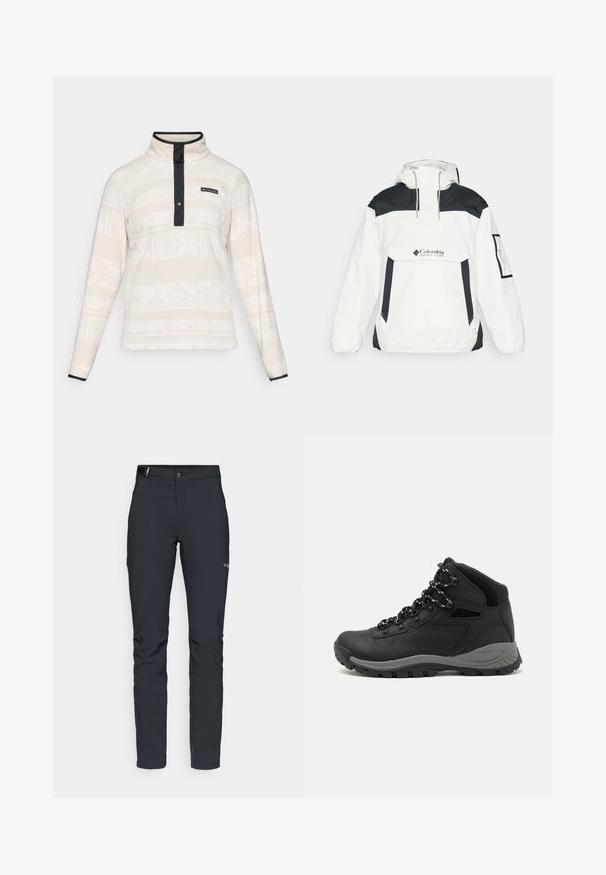 Biela a čierna vetrovka s kapucňou, polovičným zipsom vpredu, prednou vreckom a elastickými manžetami. Na hrudi je logo Columbia.; Fleeceový pulover v svetlej béžovej farbe s textúrovaným vzorom, s vysokým golierom, patentným zapínaním a námorníckymi modrými akcentmi.; Pánske outdoorové nohavice, tmavo šedé, vyrobené z flexibilného materiálu, s opaskom, so zipsovými vreckami a vystuženým šitím.; Čierna turistická obuv s polovičným strihom, s textúrovaným zvrškom, šedými akcentmi a odolnou gumovou podrážkou s protišmykovými hrebienkami.