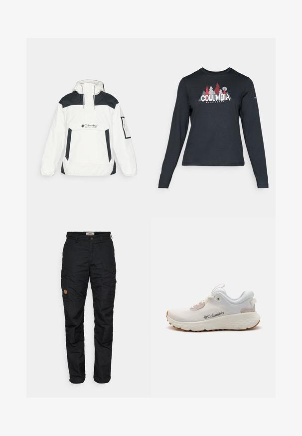 Balta ir juoda vėjo neperšlampanti striukė su kapišonu, pusės užtrauktuku priekyje, priekinėmis kišenėmis ir elastiniais rankogaliais. Ant krūtinės yra Columbia logotipas.; Ilga rankovė tamsiai pilka marškinėliai su raudonų medžių ir kalnų grafika; drąsaus baltos spalvos teksto "COLUMBIA" logotipas. Minkšta medžiaga, standartinis apvalus kaklas.; Juodos cargo kelnės su keliais kišenėmis, mygtukų uždarymu ir šiek tiek siaurėjančiu kojų dizainu. Pagamintos iš patvarios medžiagos su tekstūruotu paviršiumi.; Lengvas Columbia sportinis batelis balto tinklinio audinio su tekstūruota pilka padanga ir guma sukibimui. Yra paminkštinta apykaklė ir raištelių dizainas.