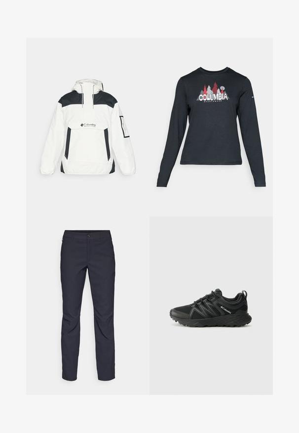 Casaco corta-vento branco e preto com capuz, fecho de meio zíper na frente, bolso frontal e punhos elásticos. Apresenta o logótipo da Columbia no peito.; Camisa de mangas longas cinza escuro com um gráfico de árvores vermelhas e montanhas; logótipo "COLUMBIA" em texto branco em negrito. Tecido suave, cuello redondo padrão.; Calças azul-marinho feitas de tecido liso, com fecho frontal em botão, design slim-fit e detalhes pregueados nos joelhos.; Columbia PEAKFREAK - Sapatos de caminhada - black