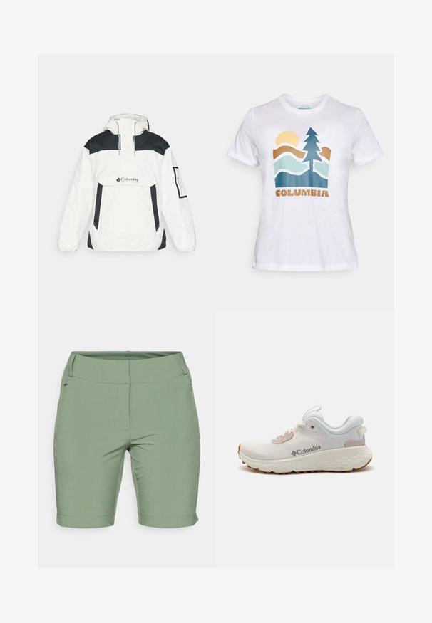 Balts un melns vēja žakets ar kapuci, pussega priekšpusi, priekšējo kabatu un elastīgām piedurknēm. Uzbūvē Columbia logo uz krūtīm.; Balts īsām piedurknēm T-krekls ar grafiku, kurā redzams saule, koks, kalni un vārds "Columbia" brūnā krāsā priekšpusē.; Gaiši zaļi, elastīgi šorti ar gludu tekstūru, ar plakaniem šuvēm, diskretu kabatu sānos un taisnu piegriezumu virs ceļa.; Viegls Columbia sporta apavs baltā sietā ar teksturētu pelēku zoli un gumijas saķeri. Iespējas ietver polsterētu apkakli un saistīšanas dizainu.