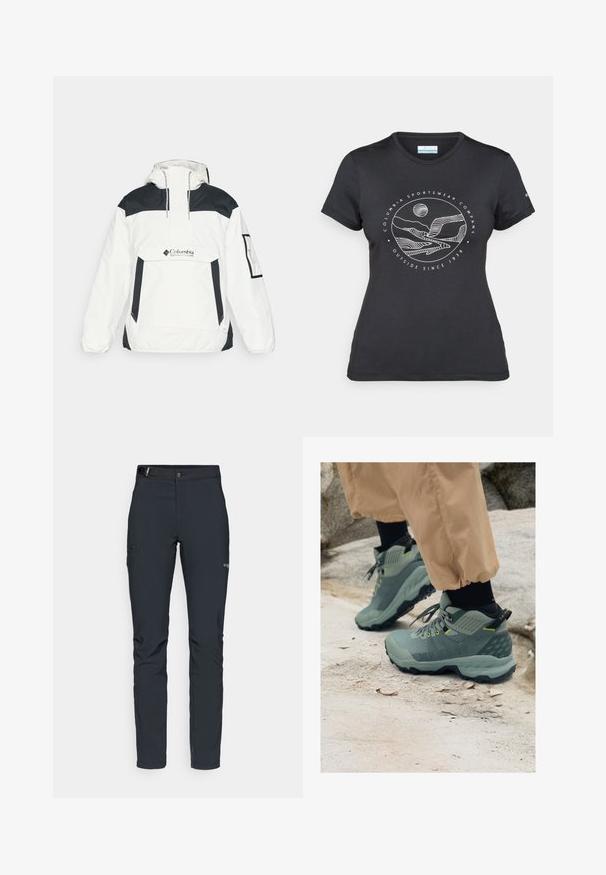 White and black windbreaker jacket with a hood, half-zip front, front pocket, and elastic cuffs. Features Columbia logo on the chest.; Black Columbia t-shirt with white circular mountain and river line art and text "Columbia Sportswear Company Outside Since 1938."; Men's outdoor pants, dark gray, made from flexible material, featuring a belt, zippered pockets, and reinforced stitching.; Mammut outdoor shoes in muted green with textured upper, yellow accents, and rugged black sole. Durable design for outdoor activities.