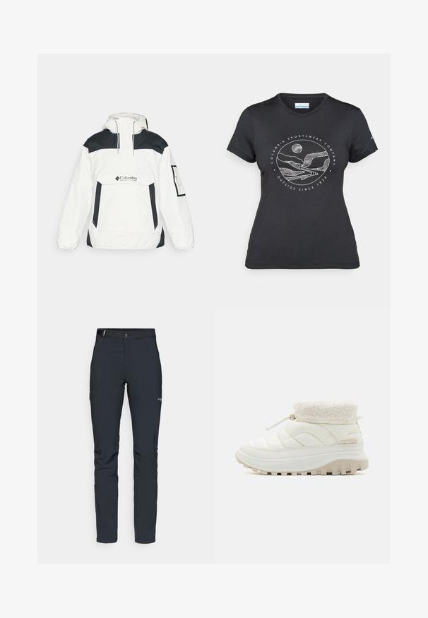 Valge ja must tuulekindel jakk kapuutsiga, pool-zip esiosa, esi-tasku ja elastsed mansetid. Rinnal Columbia logo.; Musternine Columbia T-särk mustas värvuses, millel on valge ümmargune mägi ja jõe joonistus ning tekst "Columbia Sportswear Company Outside Since 1938."; Meeste välkpüksid, tumehallid, valmistatud paindlikest materjalidest, vöökohaga, tõmblukuga taskud ja tugevdatud õmblused.; Valge tikandiga keskmise säärega saapad faux karusnahast kraega, elastse paelte sulgemise ja paksu kummist tallaga, millel on sügavad tallad haakumiseks.
