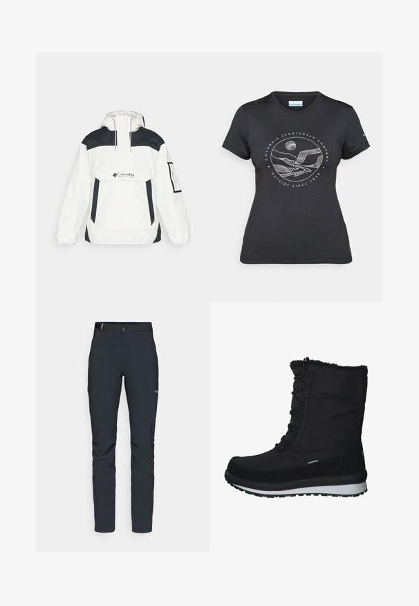Veste coupe-vent blanche et noire avec capuche, fermeture éclair à moitié sur le devant, poche avant et poignets élastiques. Comprend le logo Columbia sur la poitrine.; T-shirt noir Columbia avec un dessin linéaire blanc de montagne et de rivière en cercle et le texte "Columbia Sportswear Company À l'extérieur depuis 1938."; Pantalons de plein air pour hommes, gris foncé, fabriqués en matériau flexible, dotés d'une ceinture, de poches zippées et de coutures renforcées.; CMP HARMA SNOW WP - Bottes de neige - schwarz
