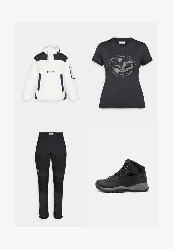 Fehér és fekete széldzseki kapucnival, félig zipzáras elülső résszel, elülső zsebből és elasztikus mandzsettákkal. A mellkason Columbia logó található.; Fekete Columbia póló fehér, kör alakú hegy és folyó vonalrajzzal, valamint a "Columbia Sportswear Company Outside Since 1938" felirattal.; Fjällräven KEB AGILE TROUSERS - Szabadtéri nadrágok - black; Fekete túracipő közepes magasságú kialakítással, texturált felsőrésszel, szürke részletekkel és strapabíró gumitalppal, amelynek tapadós kiemelkedései vannak.