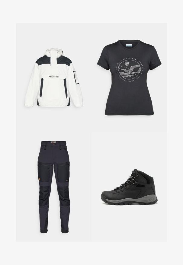 Balta ir juoda vėjo neperšlampanti striukė su kapišonu, pusės užtrauktuku priekyje, priekinėmis kišenėmis ir elastiniais rankogaliais. Ant krūtinės yra Columbia logotipas.; Juodas "Columbia" marškinėliai su balta apskrita kalnų ir upės linijų grafika bei tekstu "Columbia Sportswear Company Lauke nuo 1938 metų."; Tamsiai pilki kelniai su juodais sustiprintais lopais. Ypatybės: kišenės su užtrauktukais, pritaikyta forma ir patvari audinio tekstūra.; Juodas žygio botas su vidutinio aukščio dizainu, pasižymintis tekstūruota viršutine dalimi, pilkų akcentų ir patvaria guma padanga su sukibimo gumbais.