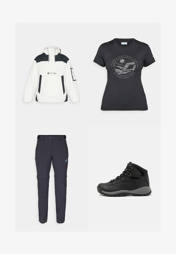 Balts un melns vēja žakets ar kapuci, pussega priekšpusi, priekšējo kabatu un elastīgām piedurknēm. Uzbūvē Columbia logo uz krūtīm.; Melnā Columbia T-kreklā ar baltu apļa kalnu un upes kontūru mākslu, kā arī tekstu "Columbia Sportswear Company Outside Since 1938."; Atskrūvējami pārgājienu bikses tumši pelēkā audumā. Iespējas ietver divas priekšējās kabatas, vienu sānu kabatu un logotipa akcentu. Pastiprinātas šuves un regulējama josta.; Melni pārgājienu zābaki ar vidēju augstumu, ar teksturētu augšdaļu, pelēkiem akcentiem un izturīgu gumijas zoli ar saķeres izvirzījumiem.