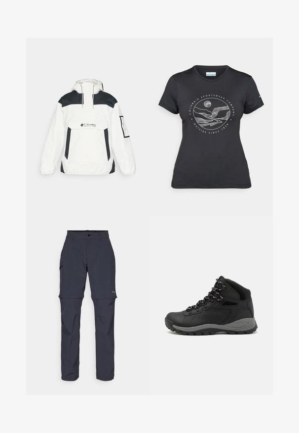 Fehér és fekete széldzseki kapucnival, félig zipzáras elülső résszel, elülső zsebből és elasztikus mandzsettákkal. A mellkason Columbia logó található.; Fekete Columbia póló fehér, kör alakú hegy és folyó vonalrajzzal, valamint a "Columbia Sportswear Company Outside Since 1938" felirattal.; Sötétszürke, leválasztható túranadrág, könnyű anyagból készült, normál derékkal, több zsebbel és sima felülettel.; Fekete túracipő közepes magasságú kialakítással, texturált felsőrésszel, szürke részletekkel és strapabíró gumitalppal, amelynek tapadós kiemelkedései vannak.