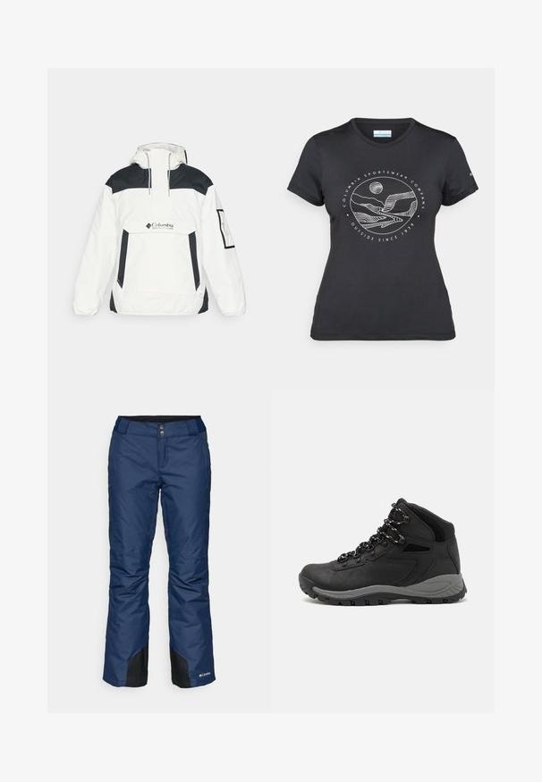 Witte en zwarte windbreaker jas met een capuchon, een half rits voorkant, een voorzak en elastische manchetten. Voorzien van het Columbia-logo op de borst.; Zwarte Columbia t-shirt met witte cirkelvormige lijntekening van bergen en een rivier en de tekst "Columbia Sportswear Company Outside Since 1938."; Marineblauwe geïsoleerde skibroeken met een gladde textuur, zwarte accenten bij de boorden en een knoopsluiting met twee knopen aan de voorkant.; Zwarte wandelschoen met een mid-top ontwerp, voorzien van een gestructureerde bovenkant, grijze accenten en een duurzame rubberen zool met gripnoppen.