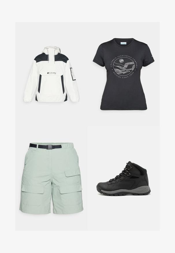 Valge ja must tuulekindel jakk kapuutsiga, pool-zip esiosa, esi-tasku ja elastsed mansetid. Rinnal Columbia logo.; Musternine Columbia T-särk mustas värvuses, millel on valge ümmargune mägi ja jõe joonistus ning tekst "Columbia Sportswear Company Outside Since 1938."; Heledad rohelised cargo-lühikesed püksid, mis on valmistatud kerge kangast, musta vööga, nelja suure tasku ja vabalt langeva lõikega.; Mustarjaline matkasaabas, millel on keskmine disain, tekstuuriga ülemine osa, hallid aktsendid ja vastupidav kummist põhi, millel on haardelugesid.