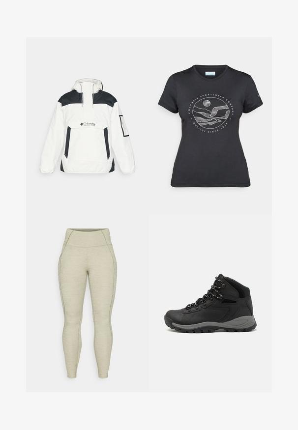 Giacca a vento bianca e nera con cappuccio, apertura a metà zip sul fronte, tasca anteriore e polsini elasticizzati. Presenta il logo Columbia sul petto.; Maglietta nera Columbia con arte lineare bianca di una montagna circolare e un fiume, e il testo "Columbia Sportswear Company Outside Since 1938."; Leggins atletici grigi chiari con vita alta, materiale tessurizzato, cuciture lisce e dettagli con tasca laterale. Design aderente in tutta la lunghezza.; Stivale da trekking nero con design a metà altezza, dotato di una tomaia texturizzata, accenti grigi e suola in gomma resistente con tasselli per la trazione.