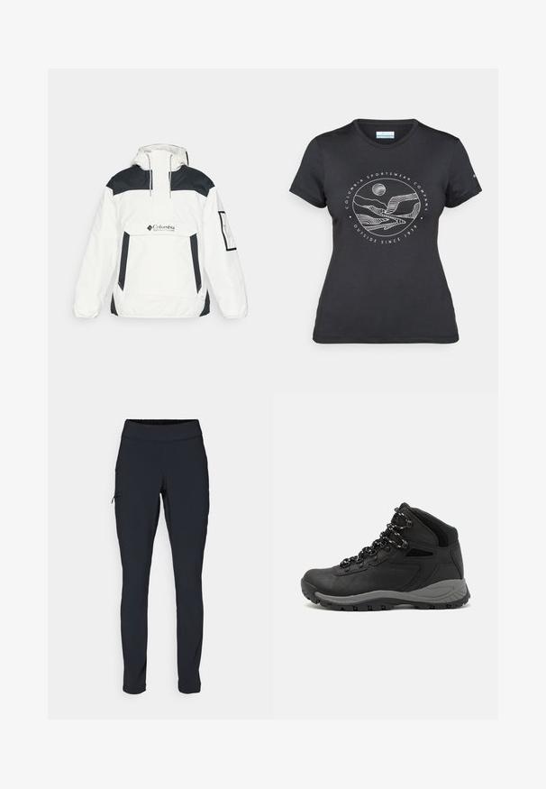 Balta ir juoda vėjo neperšlampanti striukė su kapišonu, pusės užtrauktuku priekyje, priekinėmis kišenėmis ir elastiniais rankogaliais. Ant krūtinės yra Columbia logotipas.; Juodas "Columbia" marškinėliai su balta apskrita kalnų ir upės linijų grafika bei tekstu "Columbia Sportswear Company Lauke nuo 1938 metų."; Juodi sportiniai medvilniniai kelnių modeliai su siauru kirpimu, elastinga juosmens juosta ir šonine kišene su užtrauktuku. Lygus, elastingas audinys su minimaliais siūlės.; Juodas žygio botas su vidutinio aukščio dizainu, pasižymintis tekstūruota viršutine dalimi, pilkų akcentų ir patvaria guma padanga su sukibimo gumbais.