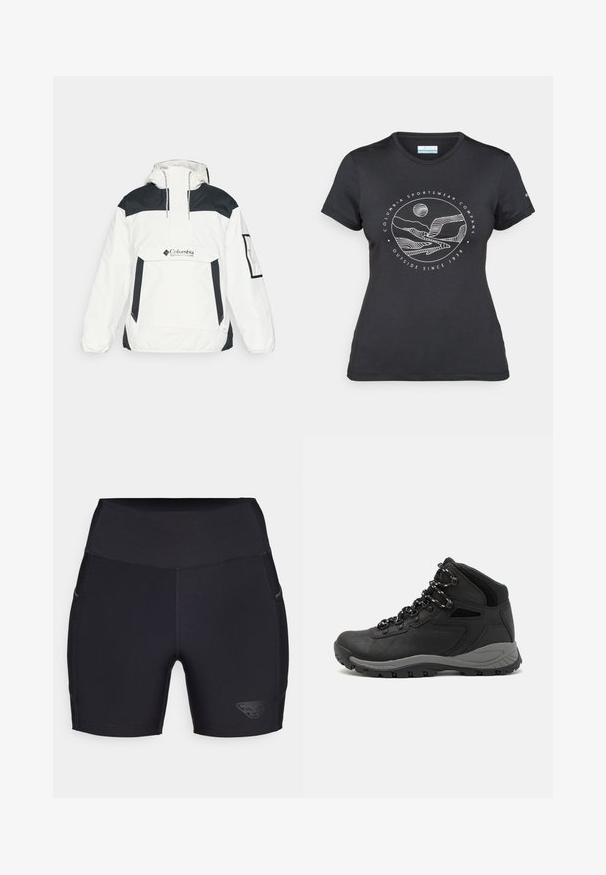 Biała i czarna kurtka wiatrówka z kapturem, z półzamkiem z przodu, kieszenią z przodu i elastycznymi mankietami. Posiada logo Columbii na piersi.; Czarny t-shirt Columbia z białą okrągłą grafiką gór i rzeki oraz napisem "Columbia Sportswear Company Outside Since 1938."; Czarne krótkie spodenki sportowe z wysokim stanem, wykonane z elastycznego materiału. Wśród cech znajdują się logo po boku oraz dyskretne kieszenie po bokach.; Czarne buty trekkingowe z średnim cholewem, z teksturowaną cholewą, szarymi akcentami oraz trwałą gumową podeszwą z wypustkami zapewniającymi przyczepność.