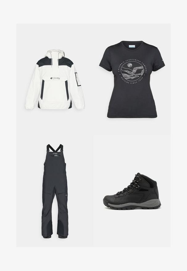 White and black windbreaker jacket with a hood, half-zip front, front pocket, and elastic cuffs. Features Columbia logo on the chest.; Black Columbia t-shirt with white circular mountain and river line art and text "Columbia Sportswear Company Outside Since 1938."; Black insulated bib overalls made from waterproof material, featuring adjustable straps, a front zip pocket, and reinforced knee areas.; Black hiking boot with a mid-top design, featuring a textured upper, gray accents, and durable rubber sole with traction lugs.