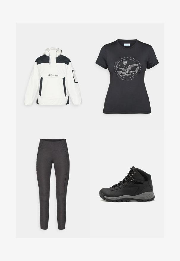 Chaqueta cortavientos blanca y negra con capucha, media cremallera en la parte delantera, bolsillo frontal y puños elásticos. Presenta el logo de Columbia en el pecho.; Camiseta negra de Columbia con un arte lineal circular de montaña y río en blanco y el texto "Columbia Sportswear Company Fuera desde 1938."; Leggings de cintura alta en gris oscuro, hechas de una tela texturizada. Presentan un diseño ajustado y bolsillos laterales para almacenamiento.; Bota de senderismo negra con un diseño de medio caña, que cuenta con una parte superior texturizada, acentos grises y una suela de goma duradera con tacos de tracción.