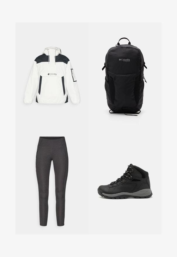 Bílá a černá větrovka s kapucí, poloviční zip na přední straně, přední kapsa a elastické manžety. Na hrudi je logo Columbia.; Černé tričko Columbia s bílým kruhovým uměleckým ztvárněním hor a řeky a textem "Columbia Sportswear Company Outside Since 1938."; Vysoké legíny v tmavě šedé barvě, vyrobené z texturované tkaniny. Mají přiléhavý střih a boční kapsy pro uložení.; Černé turistické boty s mírně vyšším střihem, které mají texturovaný svršek, šedé detaily a odolnou gumovou podrážku s trakčními výstupky.; Černý batoh Columbia Titanium s hladkým textilním povrchem, bočními kapsami, horním madlem a nastavitelnými popruhy. Minimalistický design s jemným brandingem.